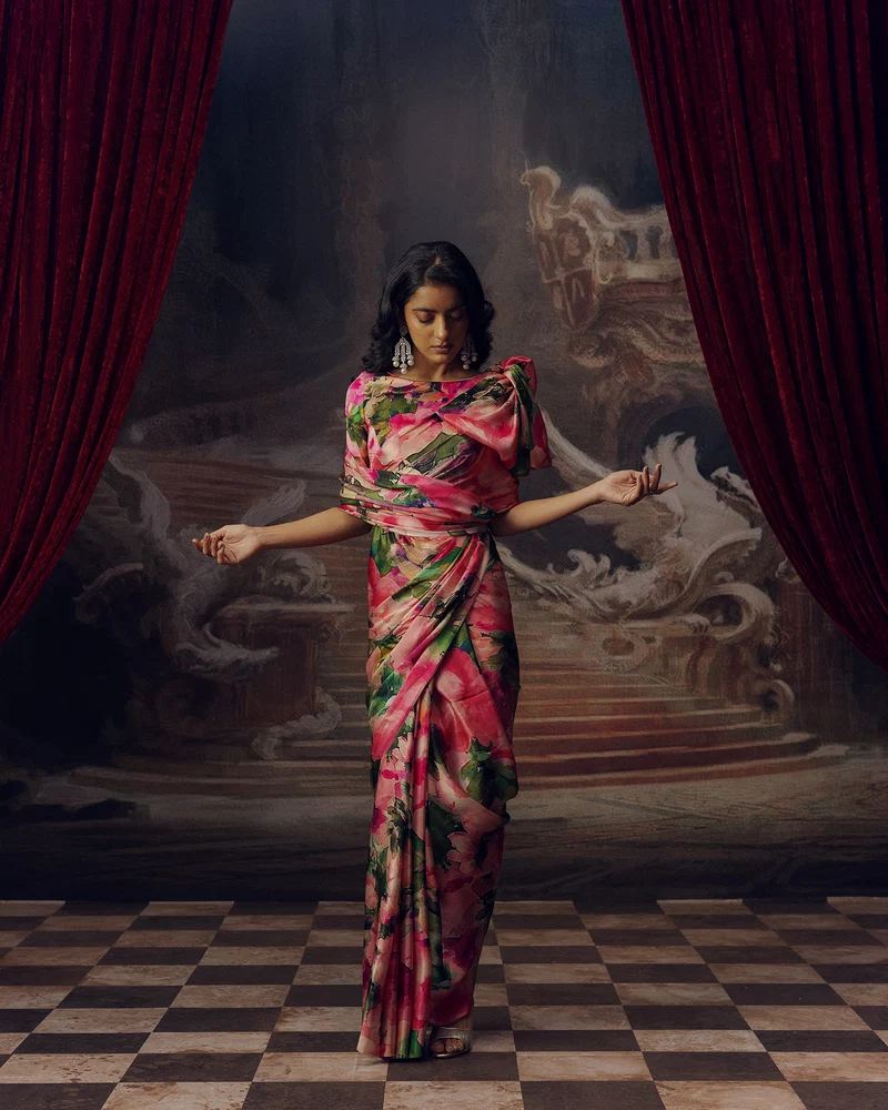 Green and Pink Satin Crepe Silk Saree