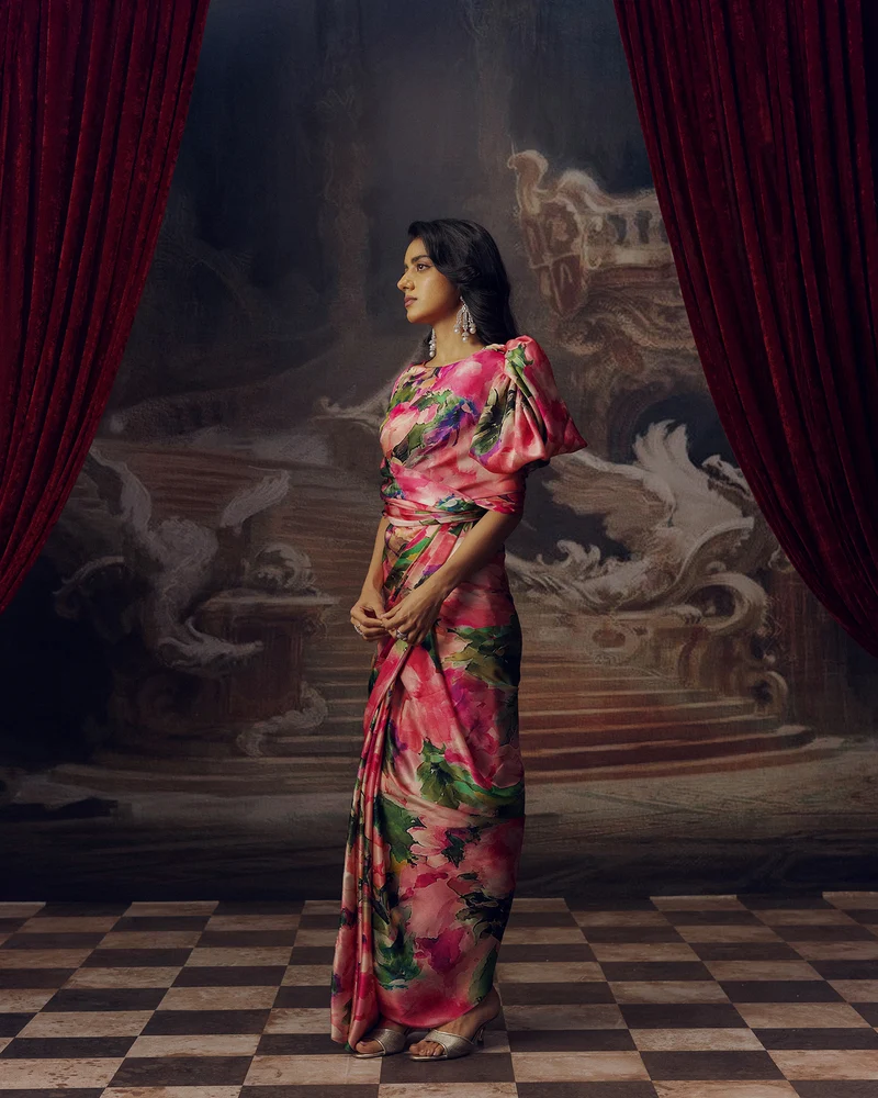 Green and Pink Satin Crepe Silk Saree