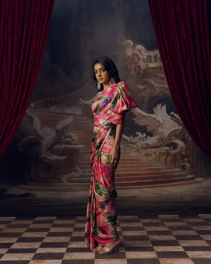 Green and Pink Satin Crepe Silk Saree