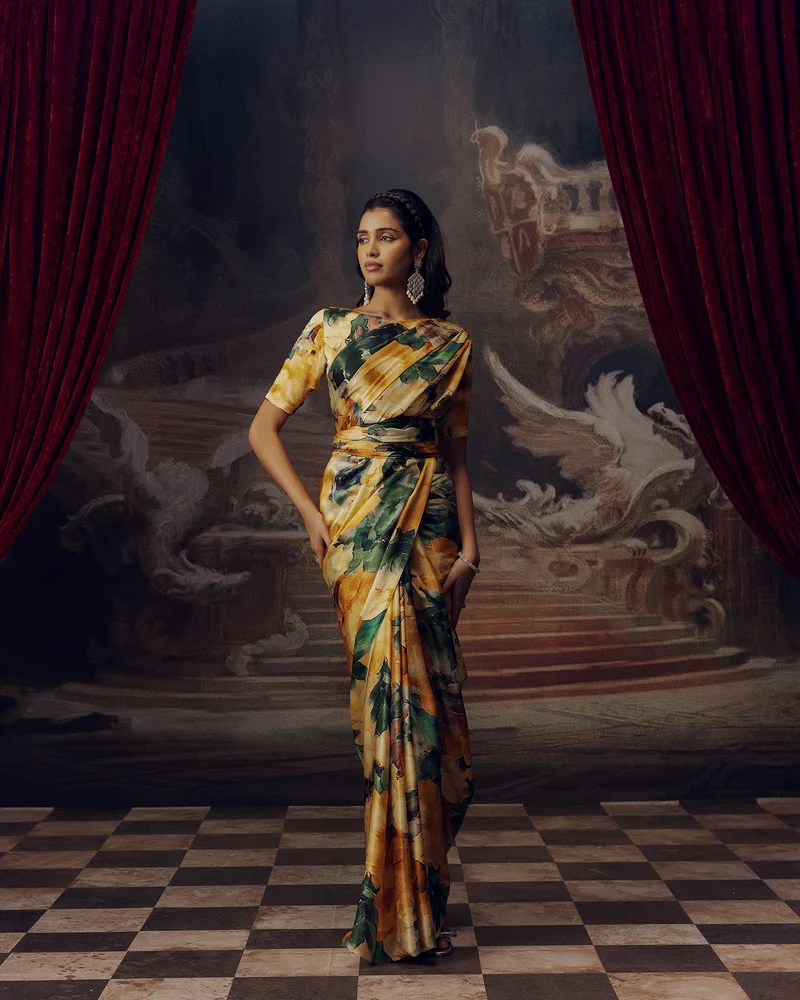 Green and Orange Satin Crepe Silk Saree