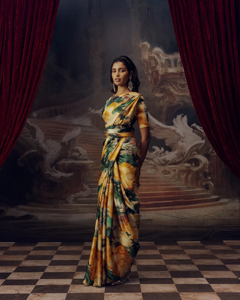 Green and Orange Satin Crepe Silk Saree