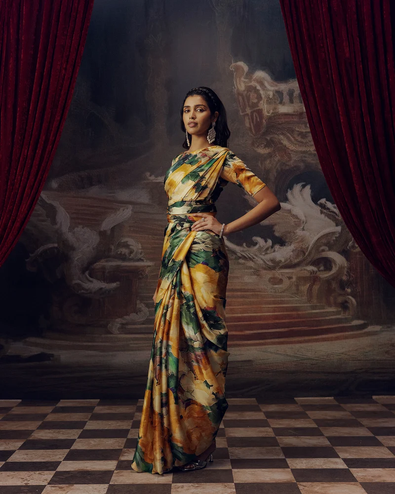 Green and Orange Satin Crepe Silk Saree