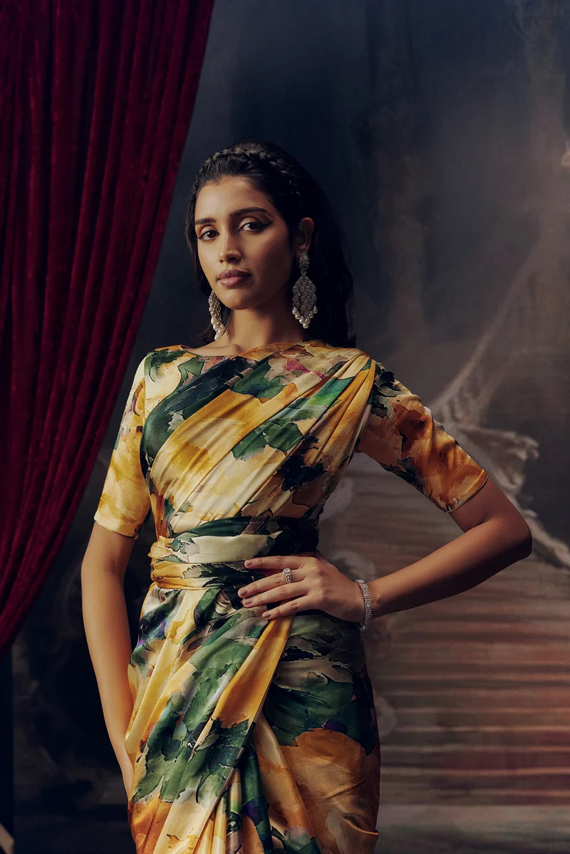 Green and Orange Satin Crepe Silk Saree