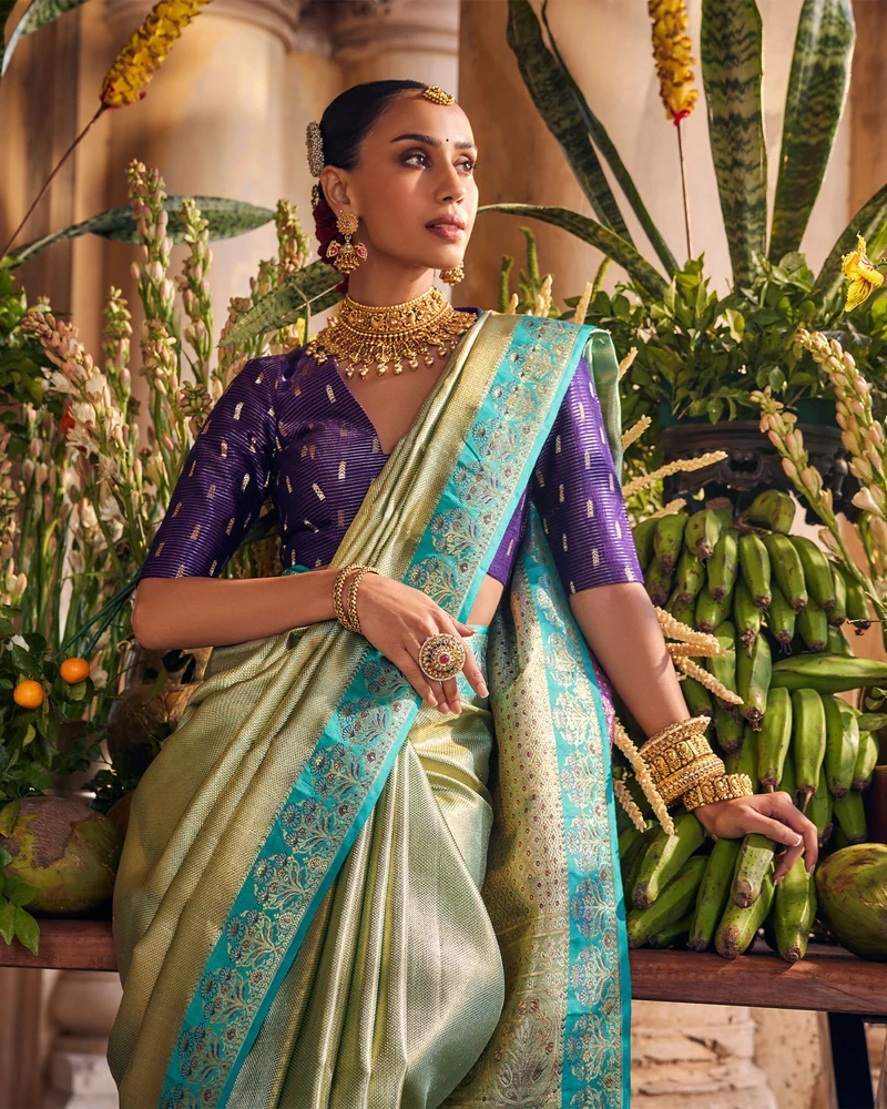Green & Silver Kanchivaram Tissue Silk Saree